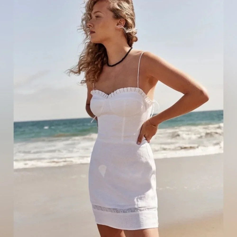 Reformation The Andie Mini Dress White Linen Blend Ruffle Bustier Smocked Back 8